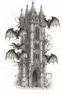 A Gothic tower resembling the Cologne Cathedral, with gargoyles perched on it, featuring bat-like wings. tattoo design idea