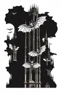 A Gothic tower resembling the Cologne Cathedral, with gargoyles perched on it, featuring bat-like wings. tattoo design idea