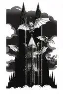 A Gothic tower resembling the Cologne Cathedral, with gargoyles perched on it, featuring bat-like wings. tattoo design idea