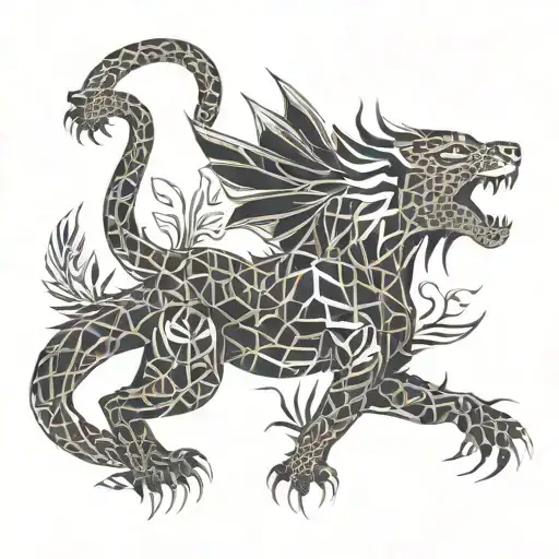 dragon with jaguar with ferns and birds tattoo design idea