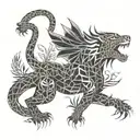 dragon with jaguar with ferns and birds tattoo design idea