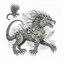 dragon with jaguar with ferns and birds tattoo design idea