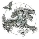 dragon with jaguar with ferns and birds tattoo design idea