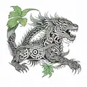 dragon with jaguar with ferns and birds tattoo design idea