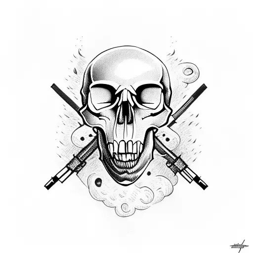 canine skull on fire with guns crossed behind  tattoo design idea