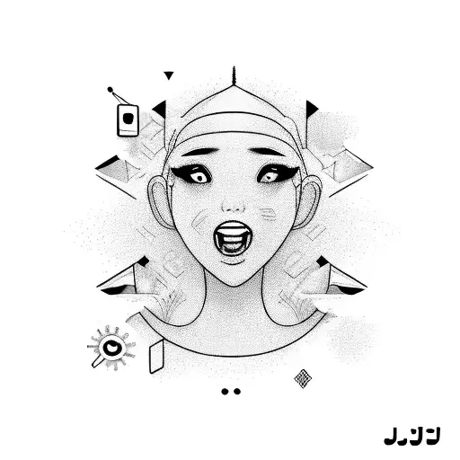 right hand sleeve, cdj soundwave, vinyl, beach with palm and sunset. woman's face, tongue out, eyes rolling, sexy tattoo design idea