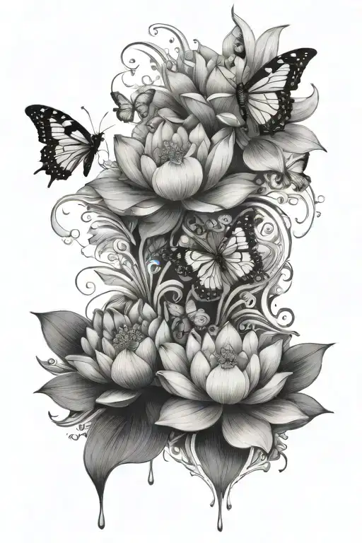 lotus, water, and butterflies fluttering tattoo design idea