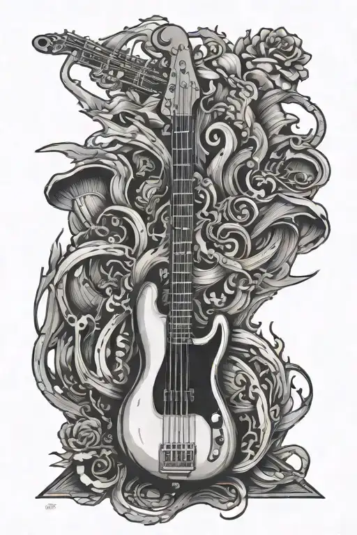 bass guitar and saxophone surrounded tattoo design idea