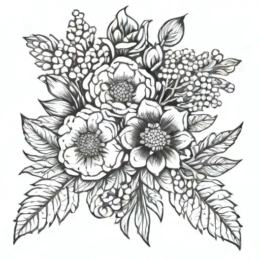 January, March, April, August, September, October, November birth flower bouquet  tattoo design idea
