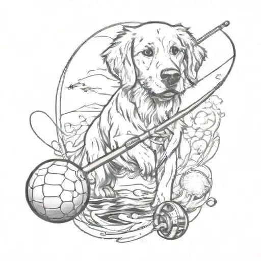 A tattoo design combining a golden retriever, rugby ball, and fishing rod in a dynamic composition tattoo design idea