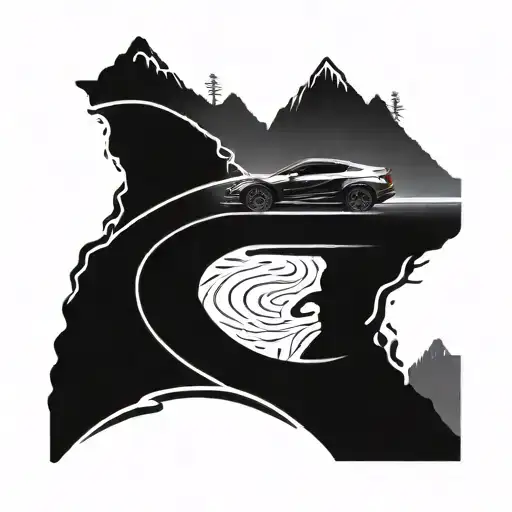 A sleek and futuristic Honda car speeding down a winding mountain road tattoo design idea