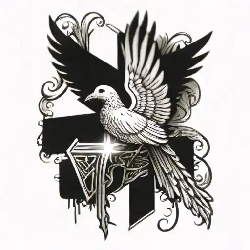 Incorporate a detailed image of praying hands with a cross and a dove symbolizing the Holy Spirit tattoo design idea