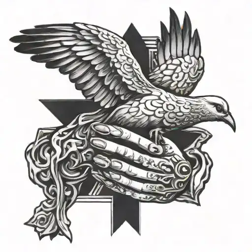 Incorporate a detailed image of praying hands with a cross and a dove symbolizing the Holy Spirit tattoo design idea