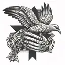 Incorporate a detailed image of praying hands with a cross and a dove symbolizing the Holy Spirit tattoo design idea