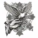 Incorporate a detailed image of praying hands with a cross and a dove symbolizing the Holy Spirit tattoo design idea