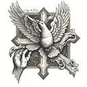 Incorporate a detailed image of praying hands with a cross and a dove symbolizing the Holy Spirit tattoo design idea