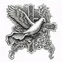 Incorporate a detailed image of praying hands with a cross and a dove symbolizing the Holy Spirit tattoo design idea