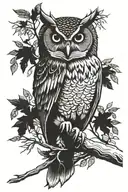 bubo the owl perched on a branch tattoo design idea