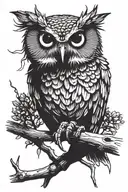 bubo the owl perched on a branch tattoo design idea