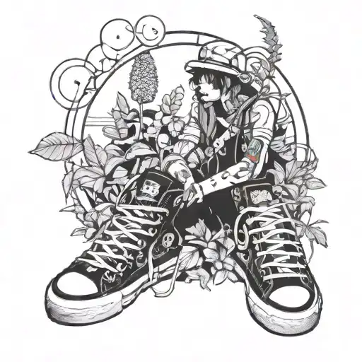 A psychedelic music festival scene with plants intertwined with vintage clothing and sneakers, incorporating subtle drug references tattoo design idea