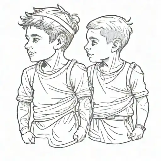 A sketch tattoo of two brothers standing side by side, representing your love for your sons ÖTŞ and ÖBŞ tattoo design idea