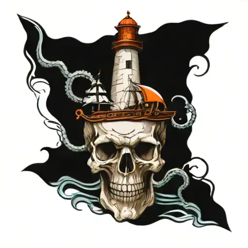 skull, water, octopus, ship, lighthouse  tattoo design idea
