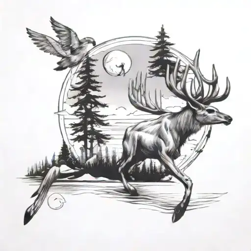 A sketch style tattoo of a deer gracefully leaping over a paraglider flying over a serene lake tattoo design idea