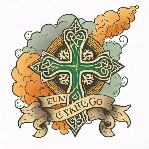a celtic cross with clouds in the background and the words "erin go bragh" tattoo design idea