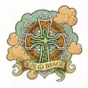 a celtic cross with clouds in the background and the words "erin go bragh" tattoo design idea