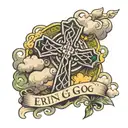a celtic cross with clouds in the background and the words "erin go bragh" tattoo design idea