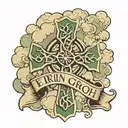 a celtic cross with clouds in the background and the words "erin go bragh" tattoo design idea