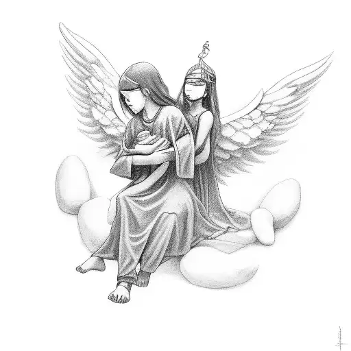 A black-grey tattoo of a guardian angel protecting a young bou tattoo design idea