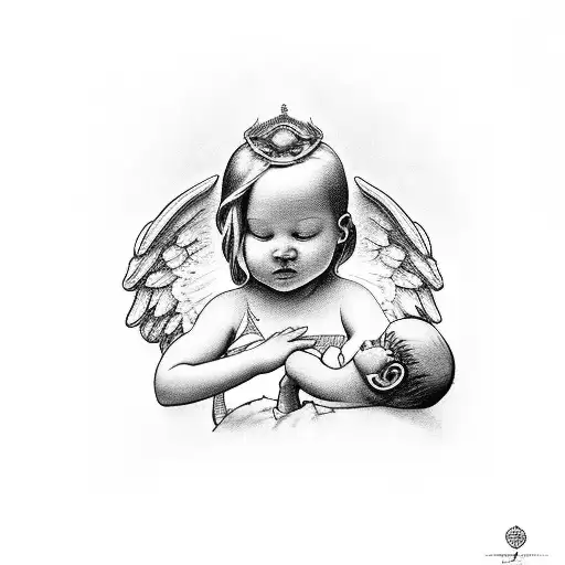 A black-grey tattoo of a guardian angel watching over a young baby tattoo design idea
