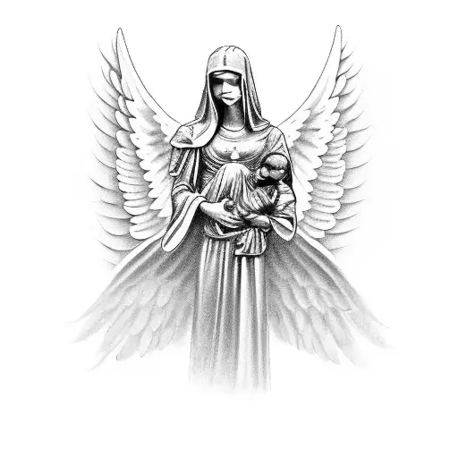 A black-grey tattoo of a guardian angel protecting a peaceful family tattoo design idea