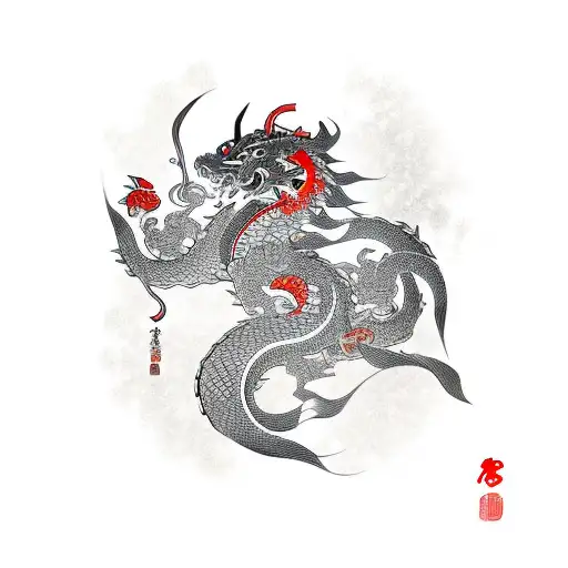 Samurai in a demon mask surrounded by a dragon and KOI carps against a background of cherry blossoms tattoo design idea