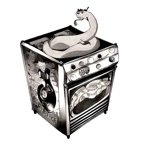 A black and grey tattoo of a 1950's jukebox with a snake slithering out of it tattoo design idea