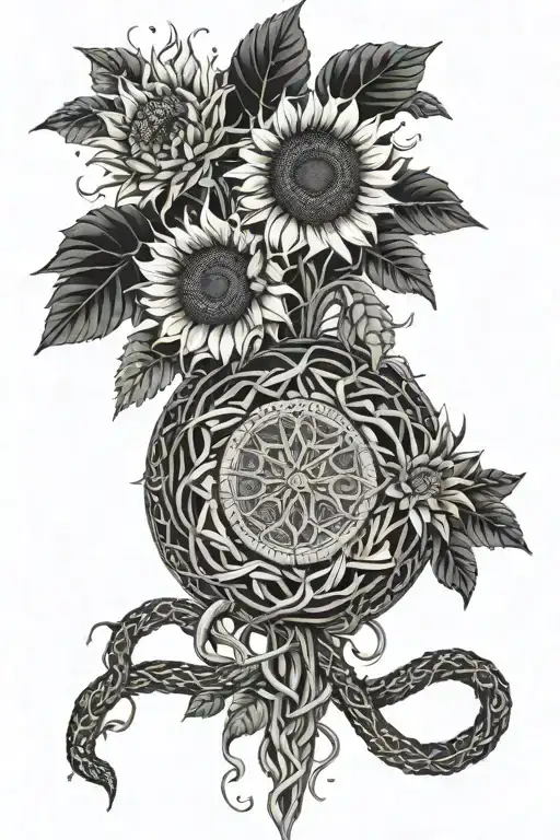  inside of a sunflowers center intertwined in circle a bare tree woven with ² snakes and ³ more sunflowers around it wit tattoo design idea