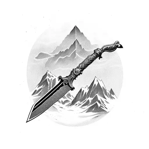 claymore sword with mountains behind it tattoo design idea
