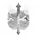 Scottish claymore sword with mountains behind it tattoo design idea
