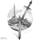 Scottish claymore sword with mountains behind it tattoo design idea