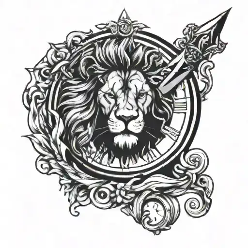 Lion knife clock tattoo design idea