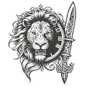 Lion knife clock tattoo design idea