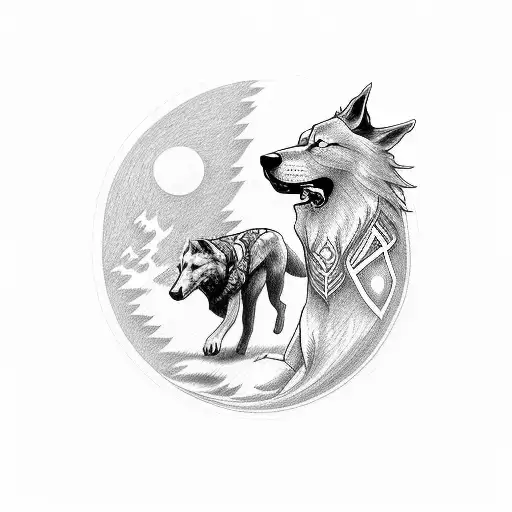 Pictish standing stones forming a backdrop for a wolf biker racing through the landscape tattoo design idea