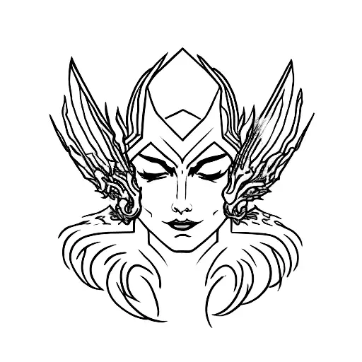 one half scarlet witch crown the other half a dragons wing, minimalistic black lines tattoo design idea