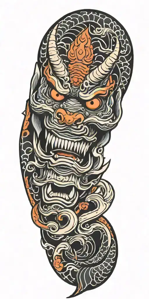 oni demon mask, and a koi fish tattoo design idea
