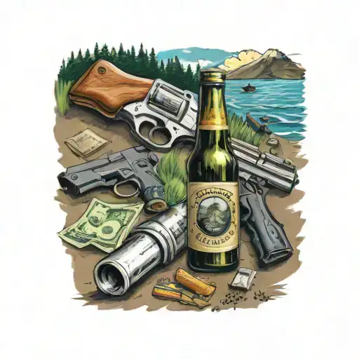 guns money drugs beer bottle camping scene tattoo design idea