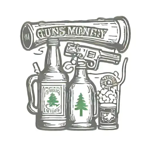 guns money drugs beer bottle camping scene tattoo design idea