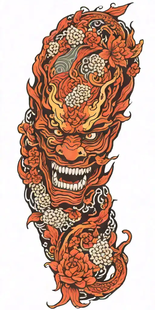flowers oni demon mask koi fish waves skin breaks loose tattoo design idea