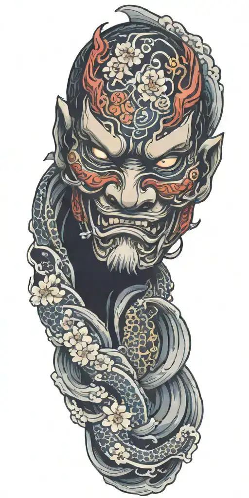 flowers oni demon mask koi fish waves skin breaks loose tattoo design idea