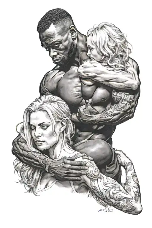 black muscular man holding white blonde woman arroused tattoo design idea